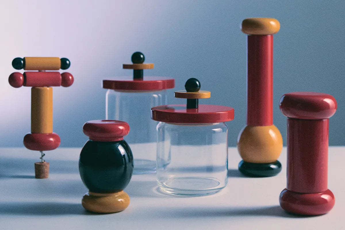 Alessi — ES16/75 | Barattolo ermetico Sottsass in vetro e faggio — dettaglio