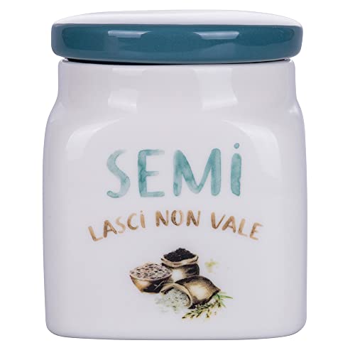 Villa d'Este Home Tivoli Barattolo Semi Le Travisate 500ml in new bone china bianco e blu con coperchio ottanio