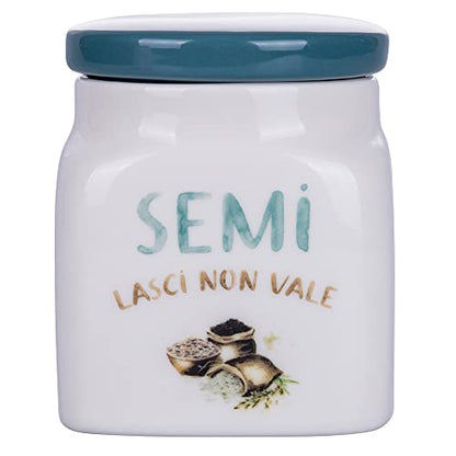 Villa d'Este Home Tivoli Barattolo Semi Le Travisate 500ml in new bone china bianco e blu con coperchio ottanio