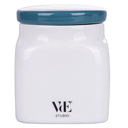 Villa d'Este Home Tivoli Barattolo Semi Le Travisate 500ml in new bone china bianco e blu con coperchio ottanio