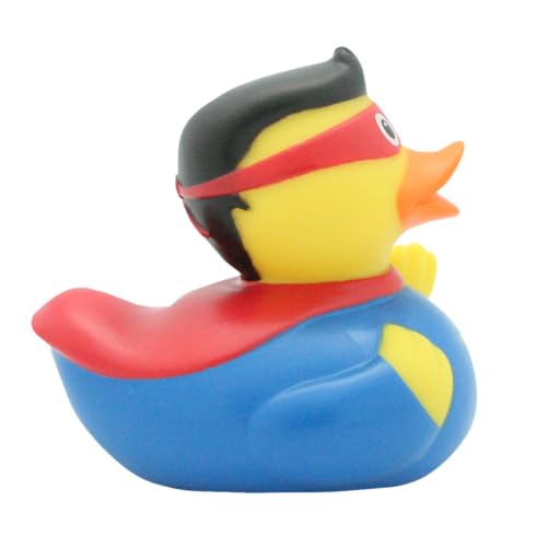 LiLaLu Paperella da bagno Superman in gomma, colore azzurro e rosso, giocattolo galleggiante per bambini