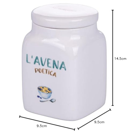 Villa d'Este Home Tivoli Barattolo Avena Le Travisate in new bone china bianco con scritte acquamarina, 750ml