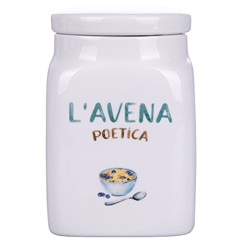 Villa d'Este Home Tivoli Barattolo Avena Le Travisate in new bone china bianco con scritte acquamarina, 750ml