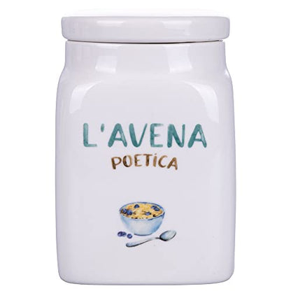 Villa d'Este Home Tivoli Barattolo Avena Le Travisate in new bone china bianco con scritte acquamarina, 750ml