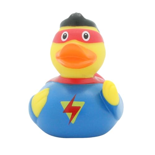 LiLaLu Paperella da bagno Superman in gomma, colore azzurro e rosso, giocattolo galleggiante per bambini