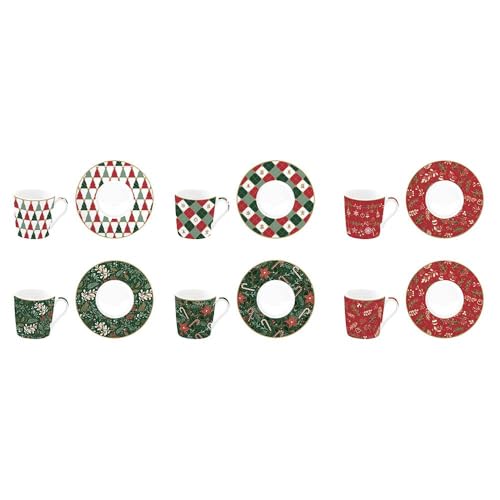 Easy Life Set 6 Tazzine Caffè Fancy Christmas in porcellana con piattino decoro natalizio
