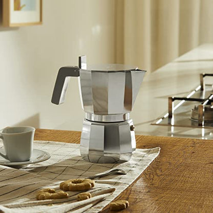 Alessi caffettiera moka DC06/9 in acciaio inox con manico grigio, design David Chipperfield