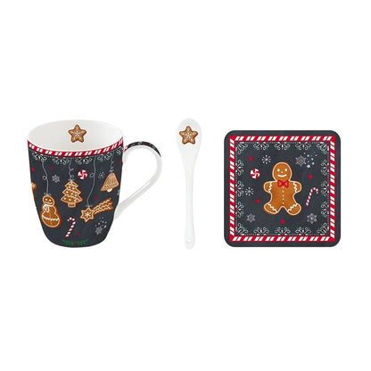 Easy Life Set Tazza Natale in porcellana nera con cucchiaino e sottobicchiere sughero