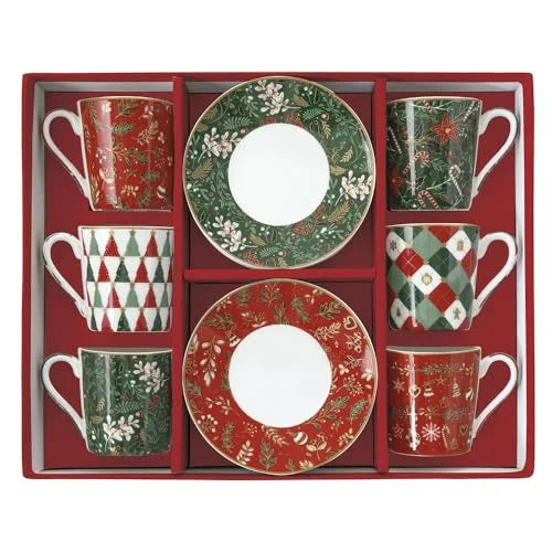 Easy Life Set 6 Tazzine Caffè Fancy Christmas in porcellana con piattino decoro natalizio