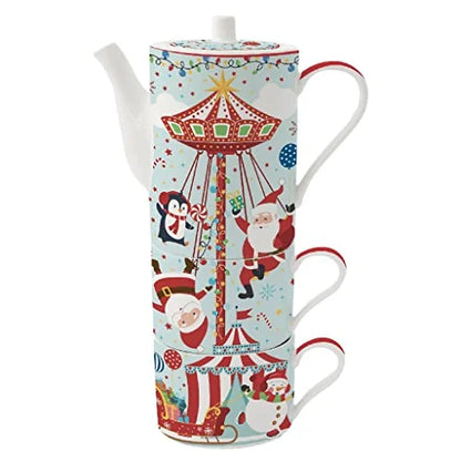 Easy Life Set 3 Infusiera Natale porcellana con teiera e tazze impilabili decori natalizi