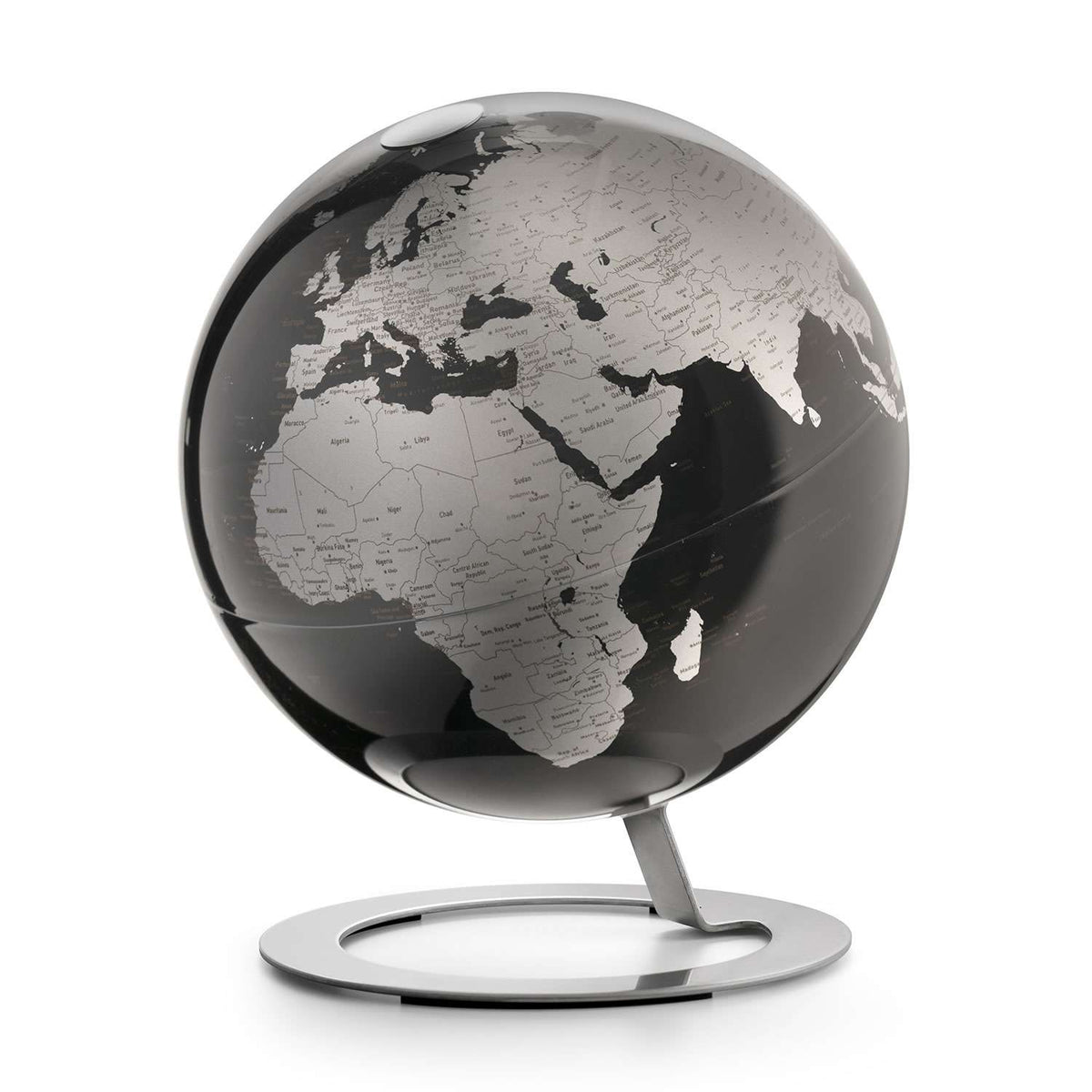 Atmosphere iGlobe Black — mappamondo decorativo nero su base ellittica in acciaio inox