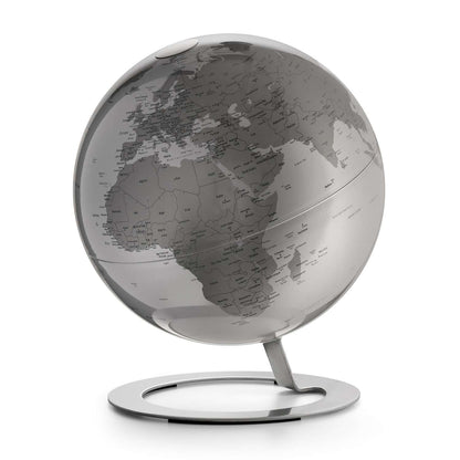 Atmosphere iGlobe Silver — mappamondo bicolor argento su base in acciaio satinato
