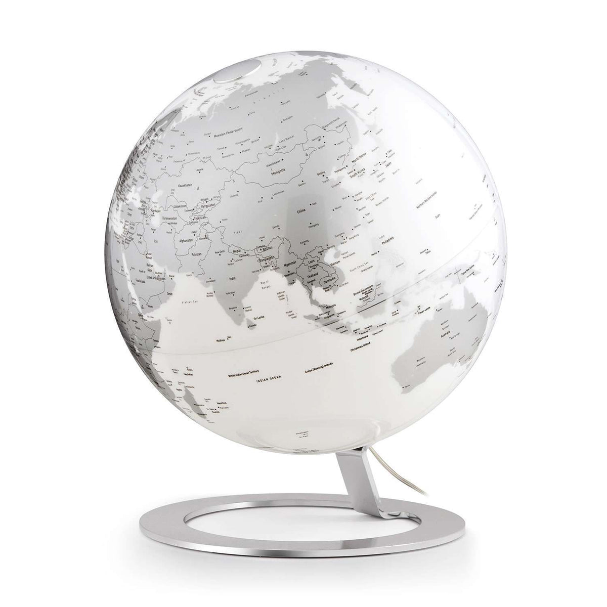 Atmosphere iGlobe Light Chrome — lampada mappamondo LED su base in acciaio inox