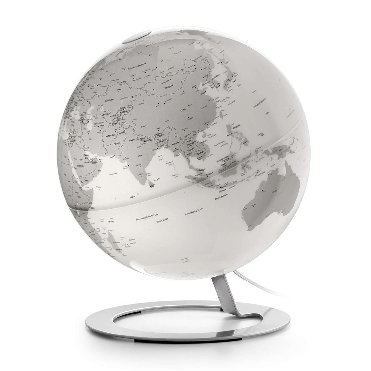 Atmosphere iGlobe Light — sfera illuminata Ø 25 cm con cartografia geografica grigia su base cromata