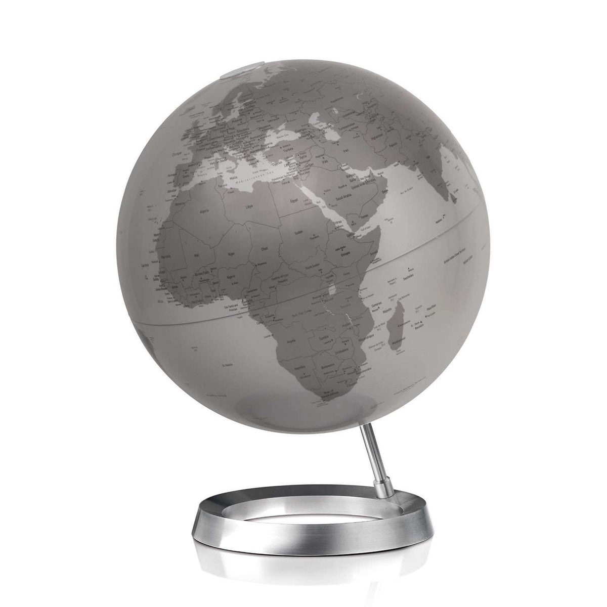 Atmosphere Full Circle Vision — sfera con cartografia politica bicolor su base ellittica in alluminio lucido