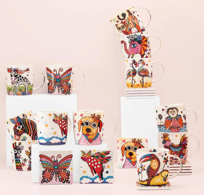Maxwell & Williams tazza Betsy in porcellana con gufo boobook colorato e foglie in stile stencil