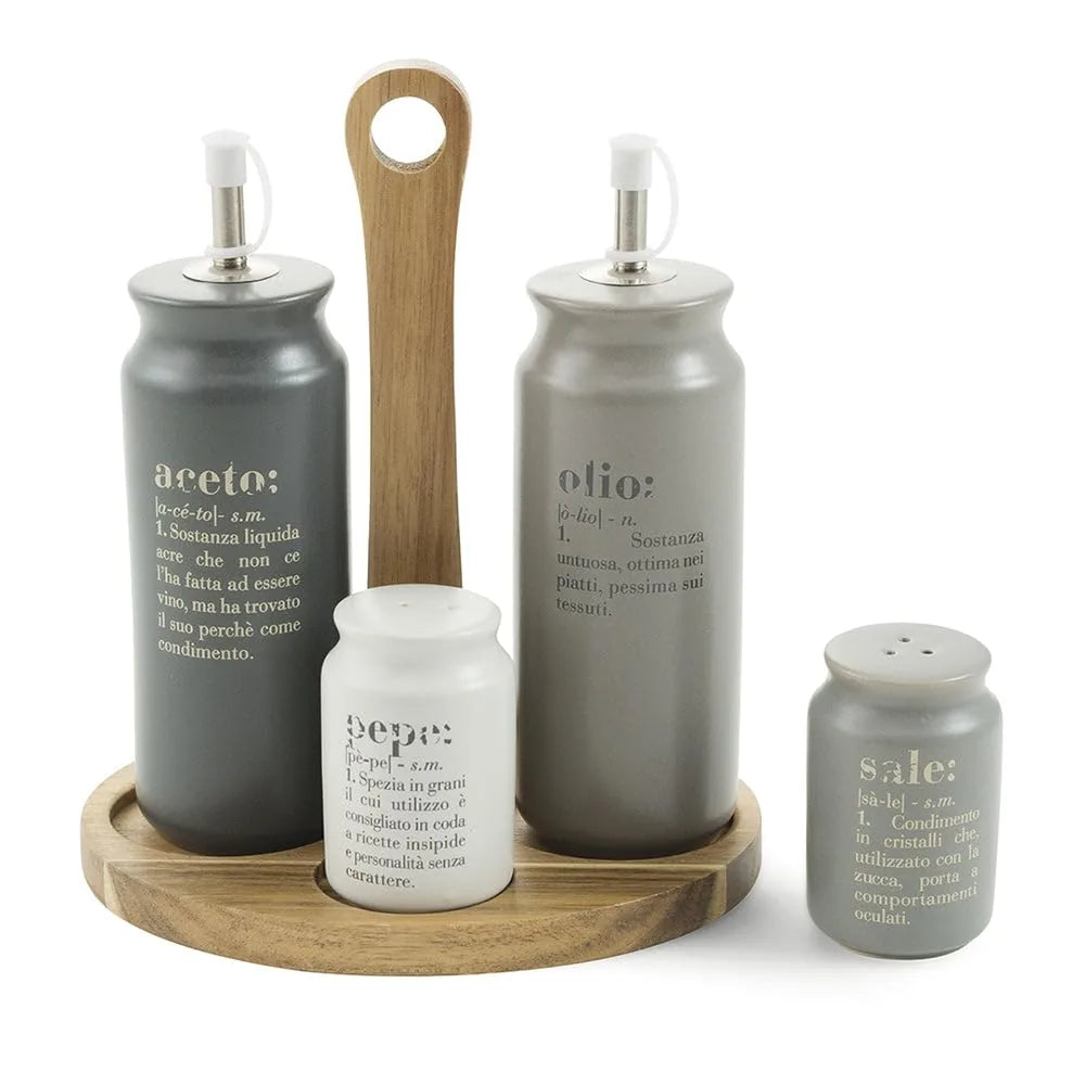 Villa d'Este Home Tivoli Set Condimento Victionary gres multicolor con stand bamboo