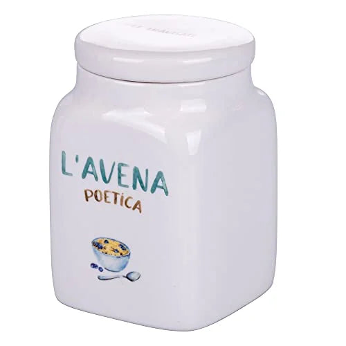 Villa d'Este Home Tivoli Barattolo Avena Le Travisate in new bone china bianco con scritte acquamarina, 750ml